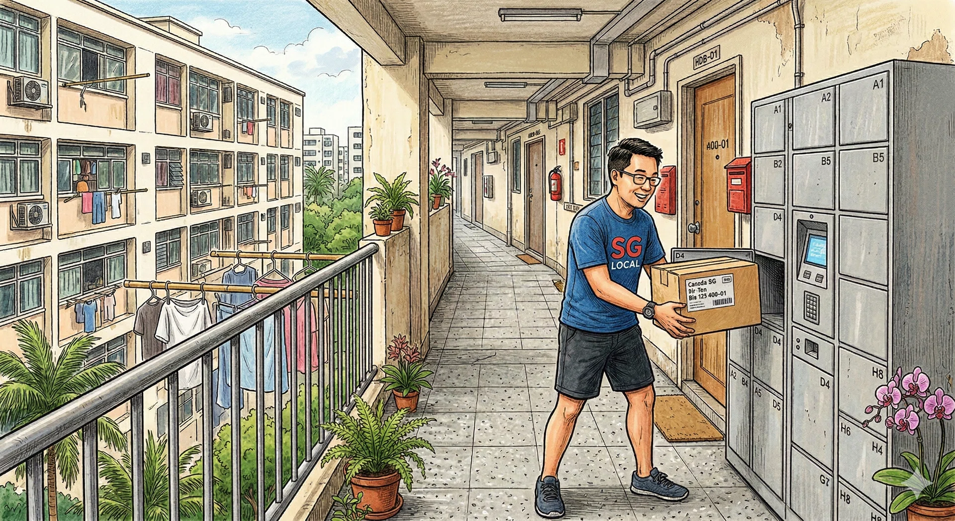 A drawing illustration of a man collecting his parcel from a shelf outside a HDB flat, along a corridor.