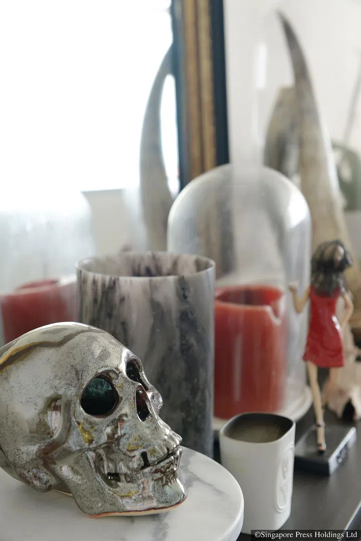 Displayed behind the sofa in the living room, this skull is one of three collected by fashion director Jeremy Tan.