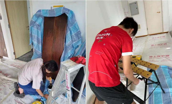 Ms Chew staining a wood plank and Mr Lim working on a piece of wood furniture during the renovation phase.