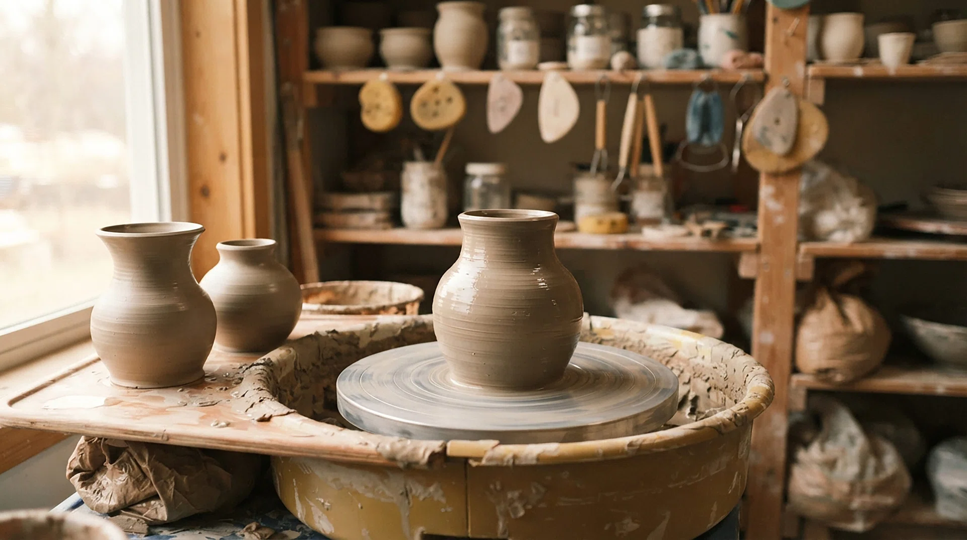 Pottery workshop. Workplace with pottery wheel and clay pots.