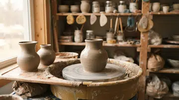 Pottery workshop. Workplace with pottery wheel and clay pots.