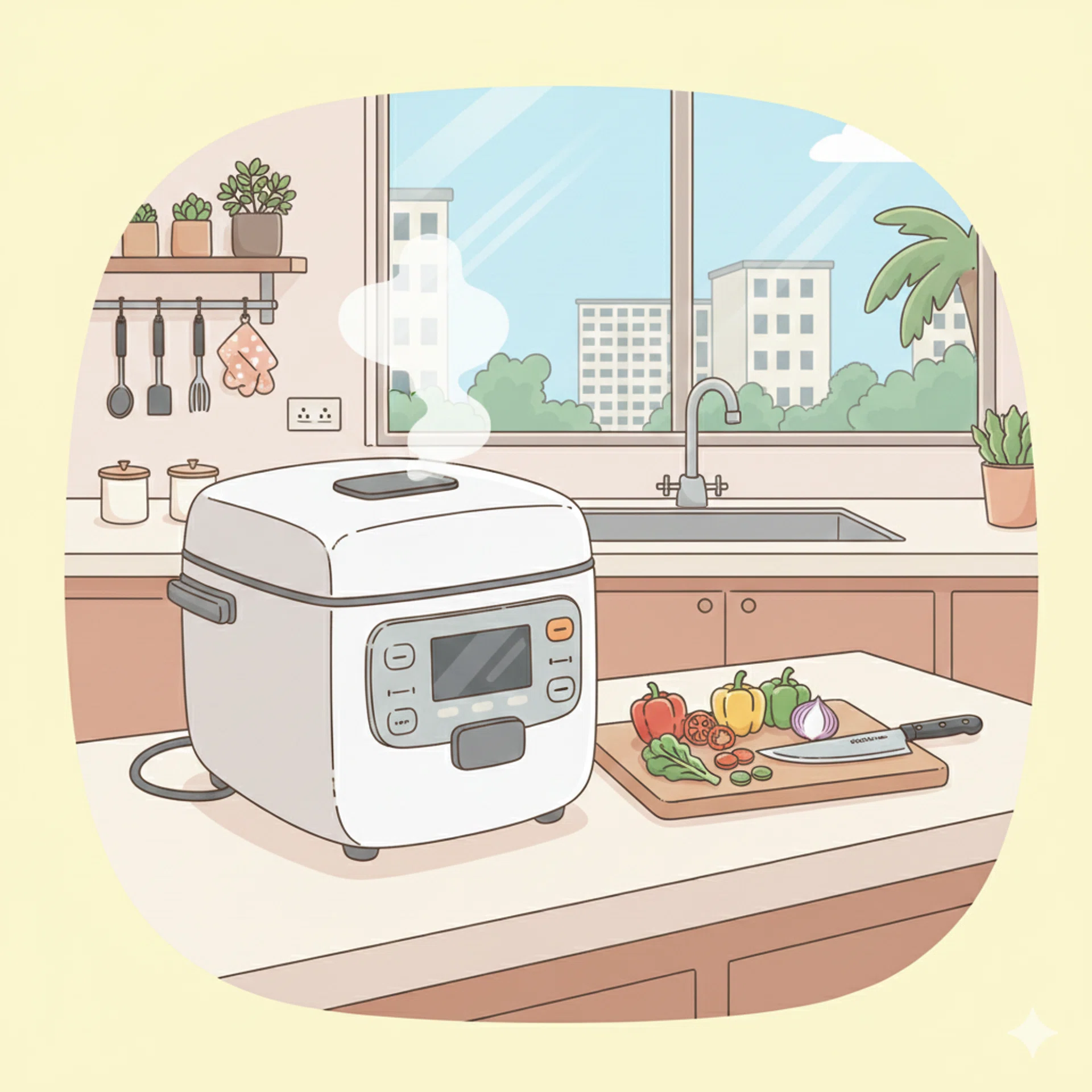 A cartoon drawing illustration of an electric rice cooker on a kitchen countertop of a HDB flat.