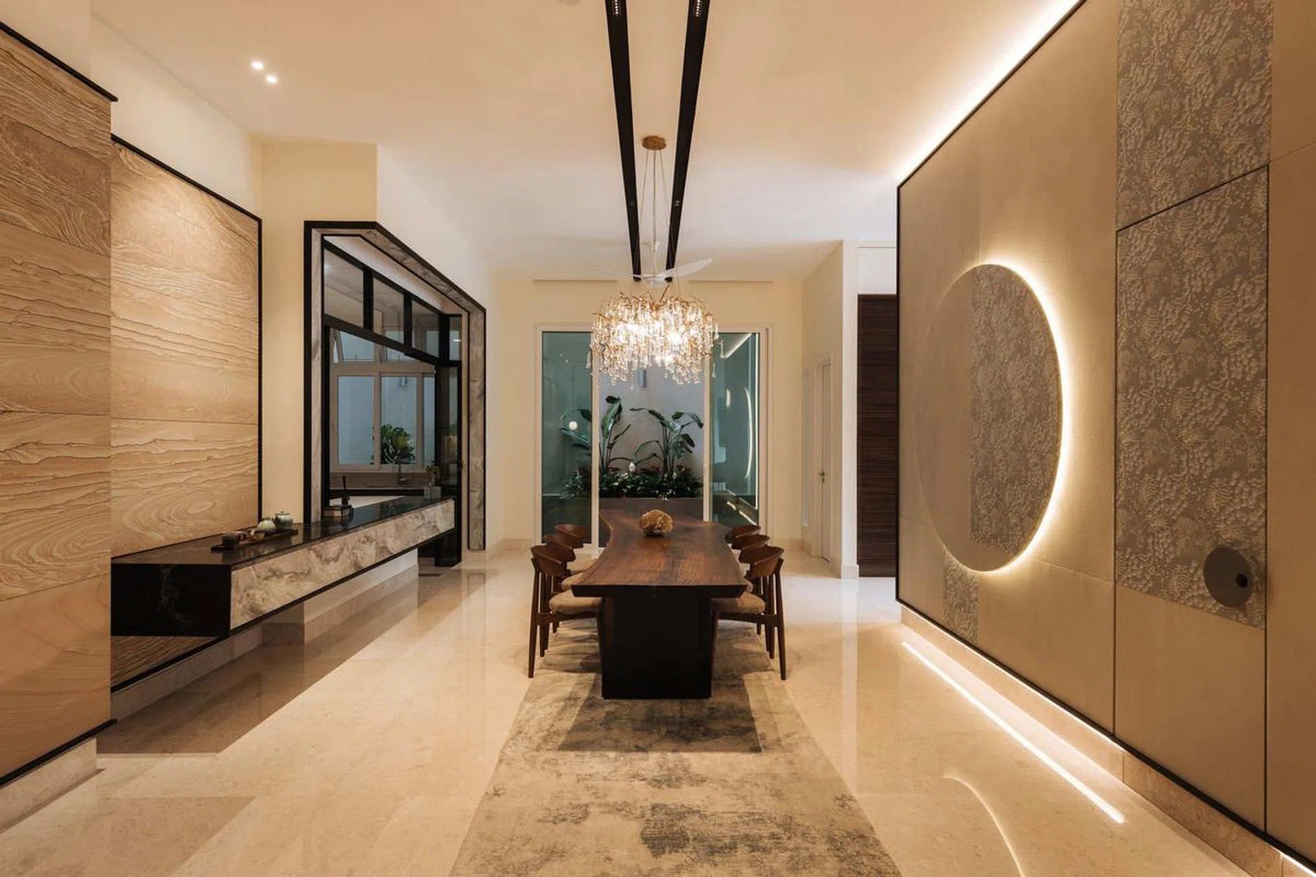 A grand dining room in a 6,534 sq ft semi-detached at Jalan Belibas, Upper Thomson designed by Metre Architects.