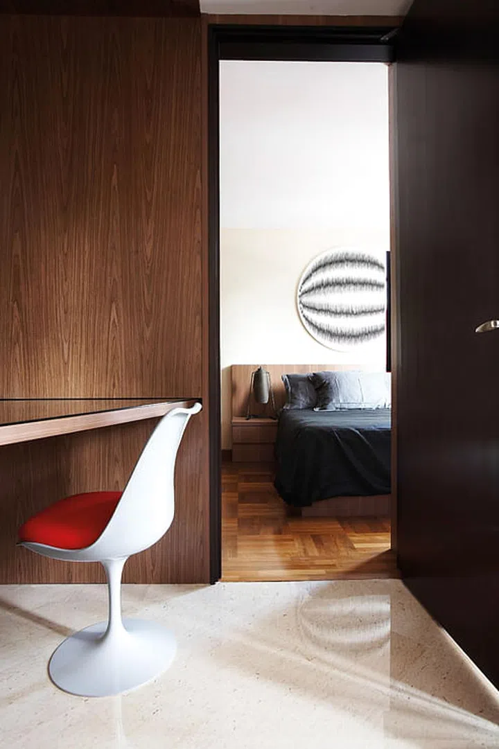 The variety of material finishes used add texture to a small space, calling for minimal furnishings.