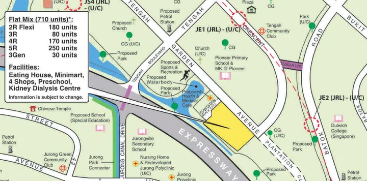 This October 2026 BTO development in Tengah is situated in the Plantation precinct, bounded by Tengah Garden Avenue, Plantation Close (under construction), and the Pan Island Expressway (PIE).