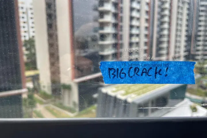 [There was a range of major and minor defects at Frankie Soh’s new three-bedroom condo – from leaky pipes and a cracked window to poor cabinetry work and waterponding on the ledge.]