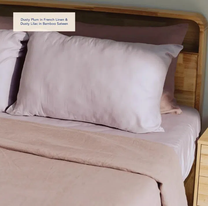 Sunday Bedding Dusty Plum in French Linen and Dusty Lilac in Bamboo Sateen