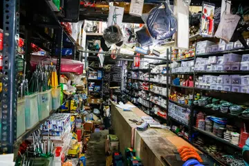 PONDICHERY, PUDUCHERY, TAMIL NADU, INDI1 - CIRCA SEPTEMBER 2017. Hardware store. Traditional showcase of tool store. Toolboxes and toolkit in the shop.