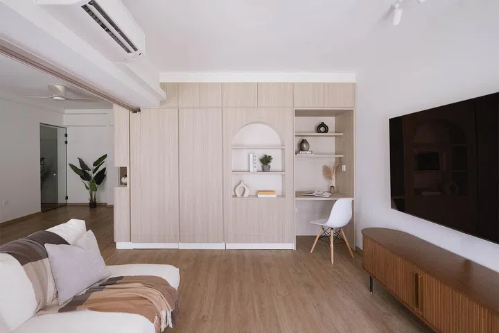 Living room in a 3-Gen HDB BTO flat in Tengah Garden.