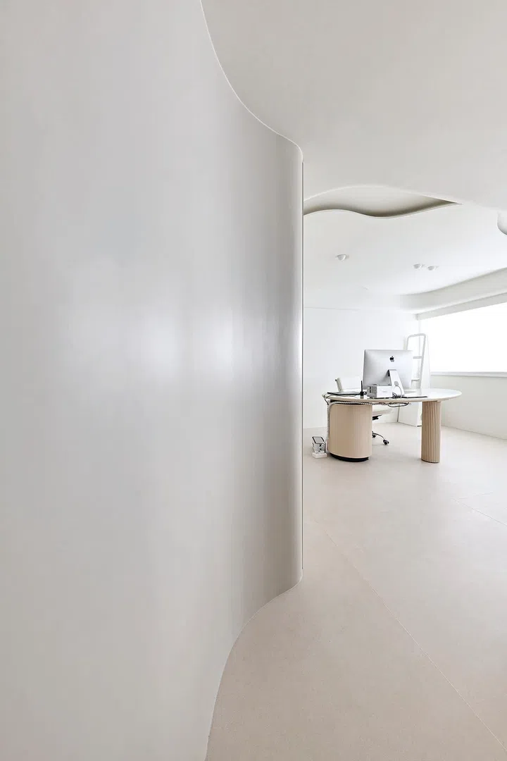 Curved panels with concealed storage space lead from the living room to the kitchen.