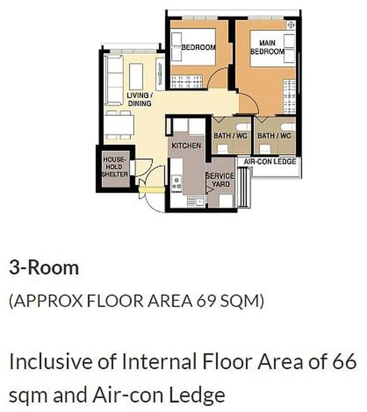 Fernvale Dew BTO 3-room floor plan, 69sqm. Image from HDB MyNiceHome.
