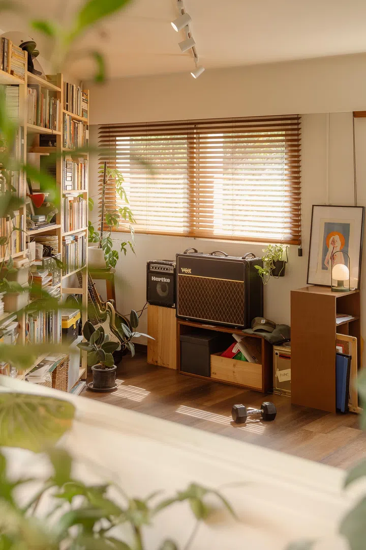 A glimpse into the study from the balcony through the cut-out parapet window.