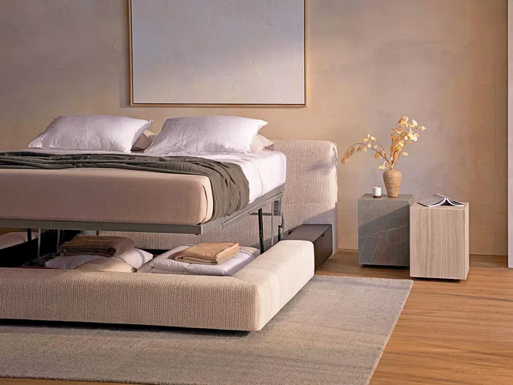 King Living Jasper Bed lifted to show the under bed storage compartment.