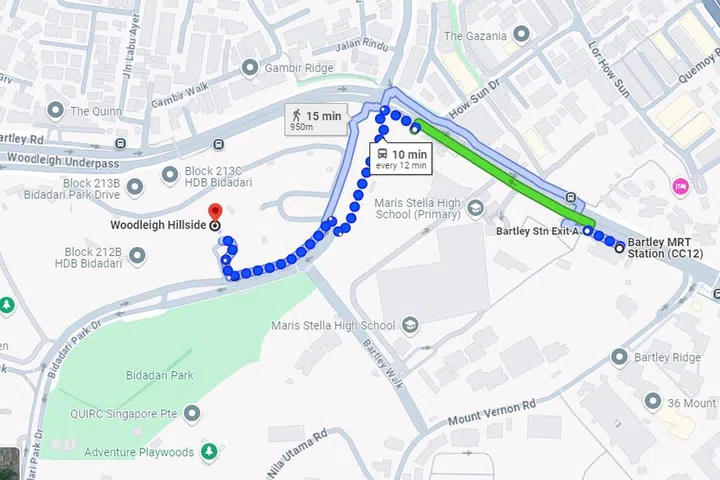 Depending on your Woodleigh Hillside block, Woodleigh Hillside is a 15-minute walk to Woodleigh MRT Station (left of map, not shown), and a 15-minute walk to Bartley MRT Station (right of map).