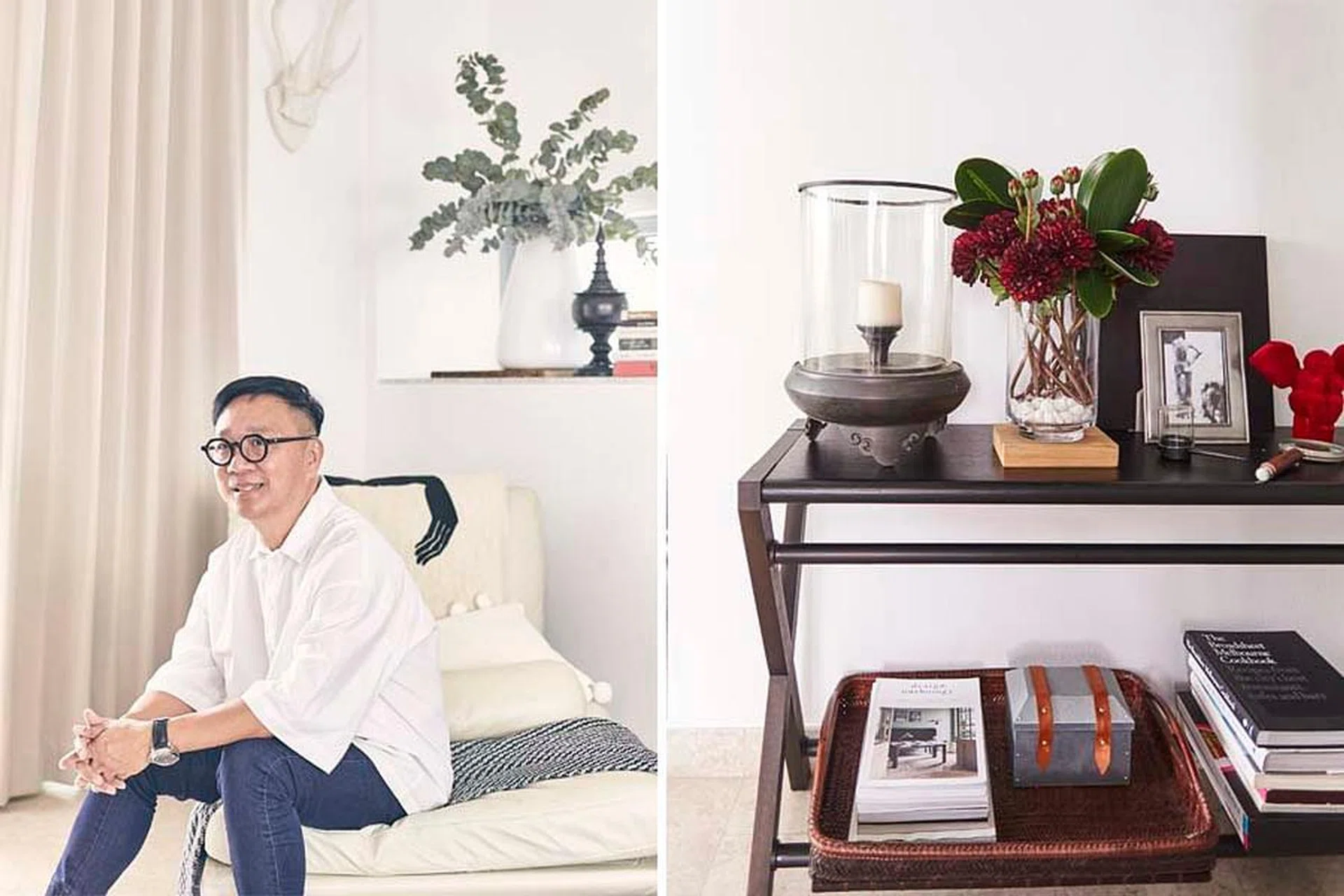 Mike Tan, interior stylist and founder of EGG3, sitting on a white sofa in his own home.
