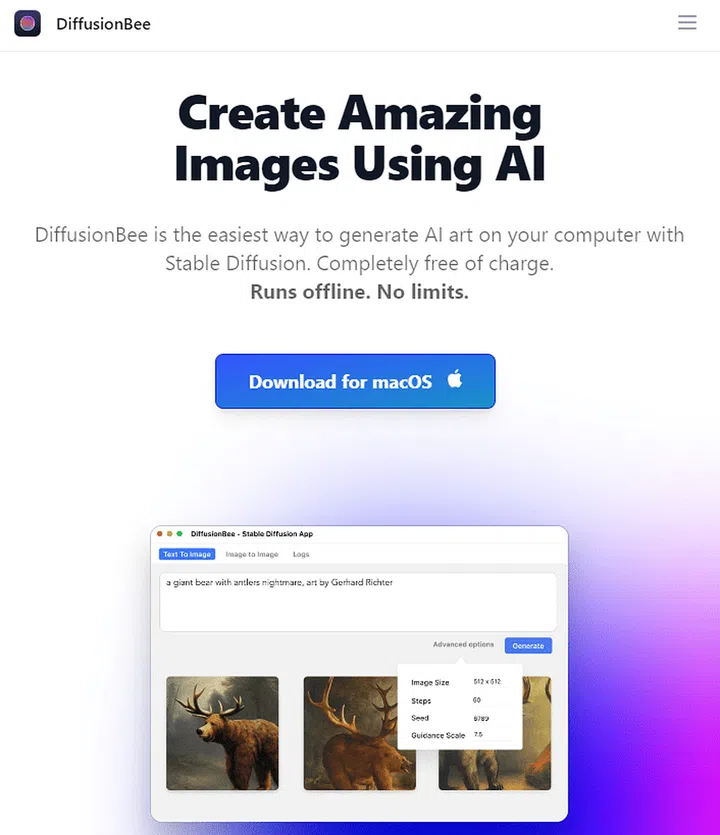 Diffusion Bee artificial intelligence interior design tool homepage screengrab