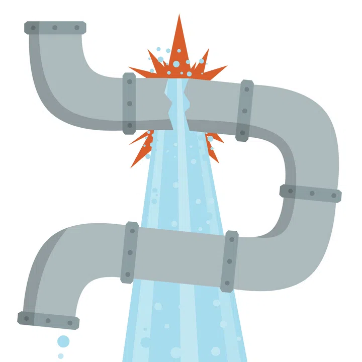 Steel pipe for water. Sewerage and water supply. Mechanical part. Kitchen tube. Home communication system. Cartoon flat illustration. Water leak, spill and blue drops. Broken part.