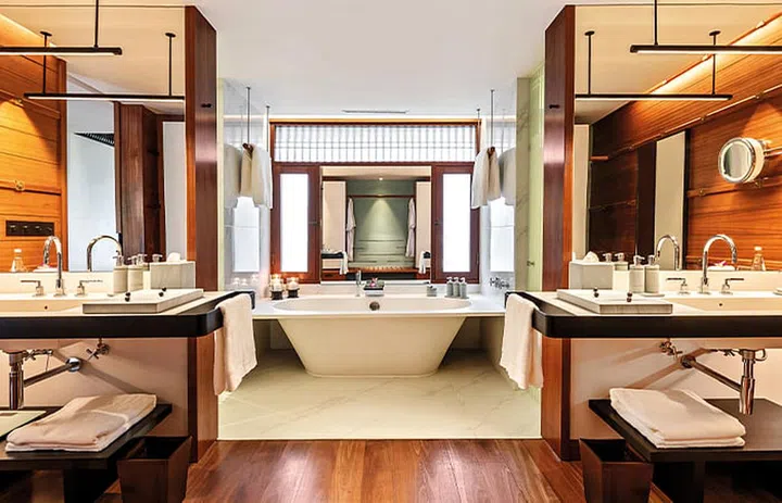 Hotel bathroom with bathtub in The Datai. Malaysia