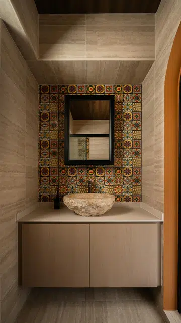 Moroccan-inspired feature tiles, a sculptural natural stone basin and warm neutral finishes give the ensuite a handcrafted character.