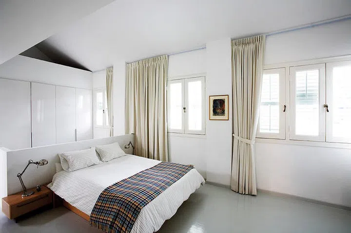 bedroom, white, spacious, traditional, shophouse, modern aesthetics, 