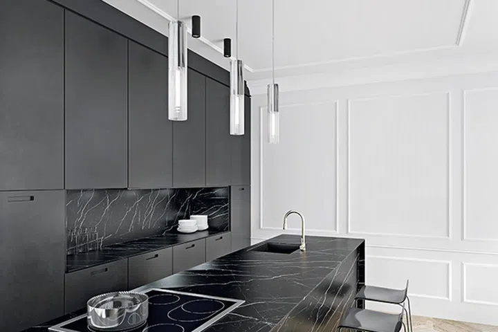 EDL Compact Nero Morraine kitchen countertop and backsplash.