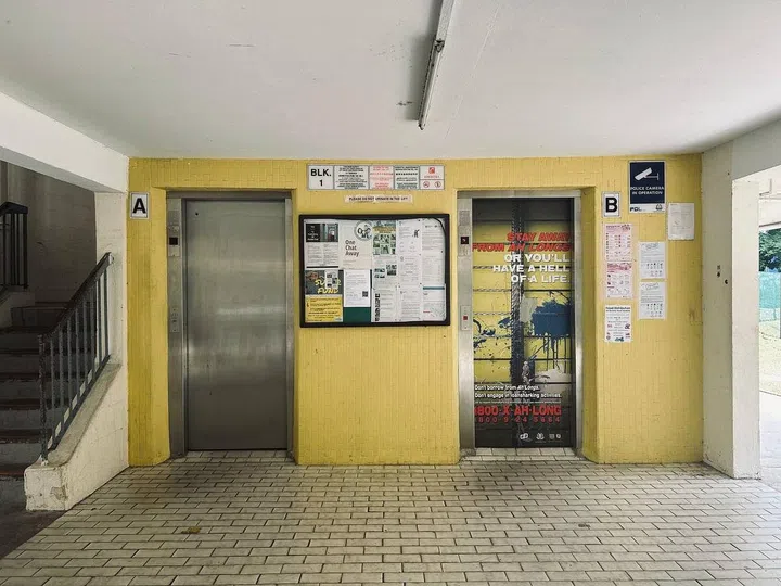 Spooner Road HDB Rental flat lift lobby. It's giving rustic. Image by Isabel Lim