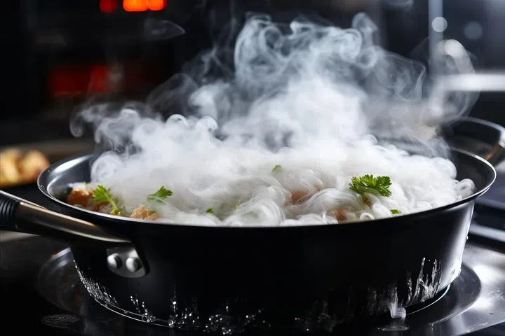 Unleash Culinary Magic. Steam-Enveloped Pot Simmers on Stove, Preparing Delicious Delicacies in a hotpot steamboat. Photo 123RF