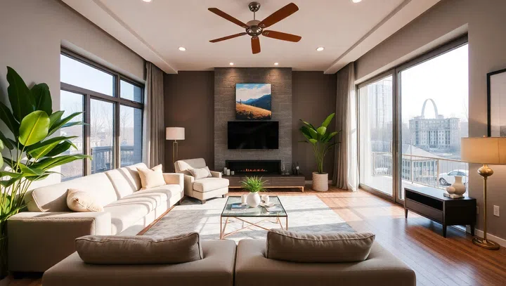 Interior of a modern living room with a view of the city.