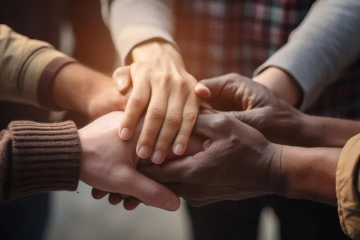 Diverse individuals united in community support, holding hands and speaking, symbolizing strength.