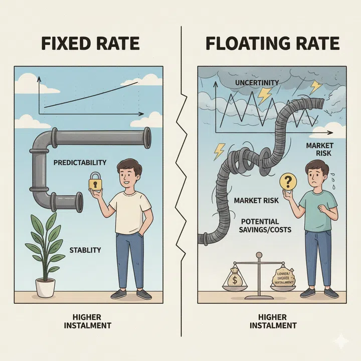 An illustration depicting the concept of fixed versus floating interest rates.