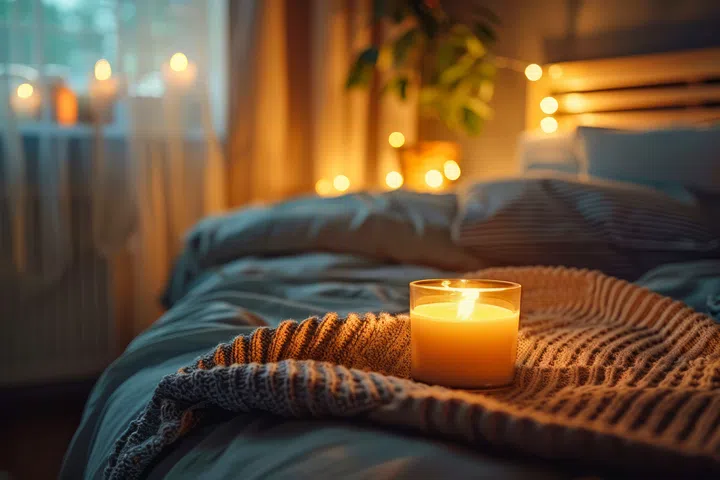 Cozy Bedroom Atmosphere with Warm Candle Light and Soft Textiles on a Comfortable Bed AI Generative