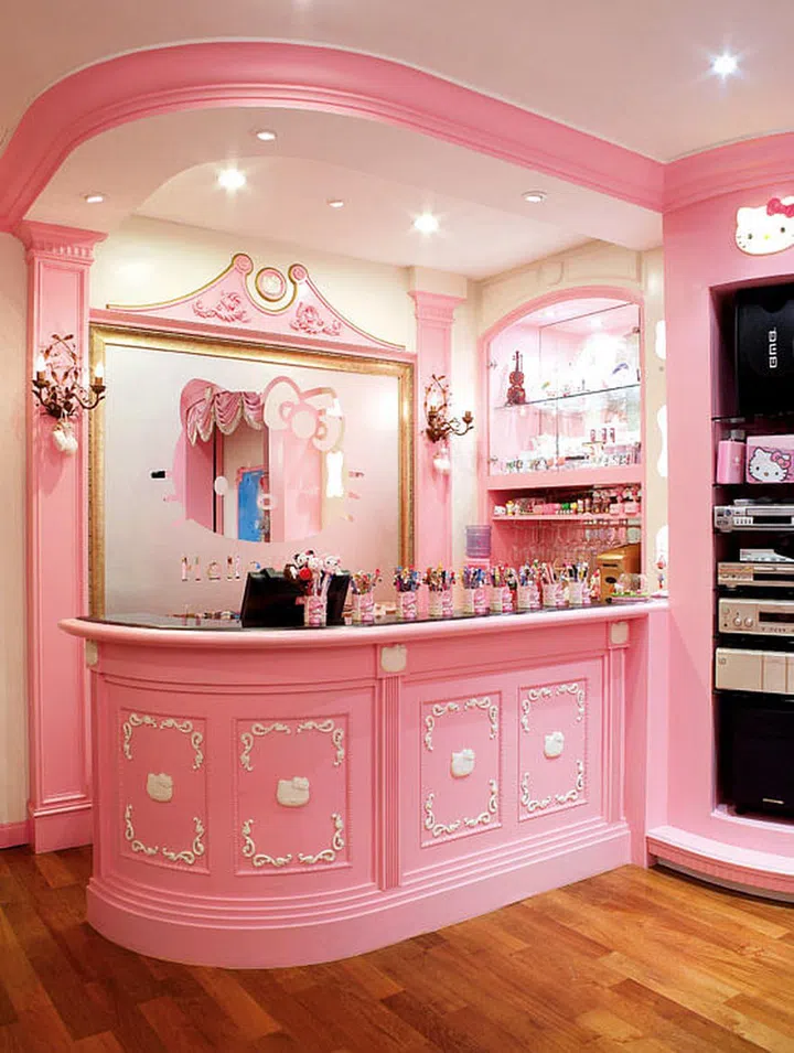 Quench your thirst at the bar, which also displays Hello Kitty pencils on the counter.