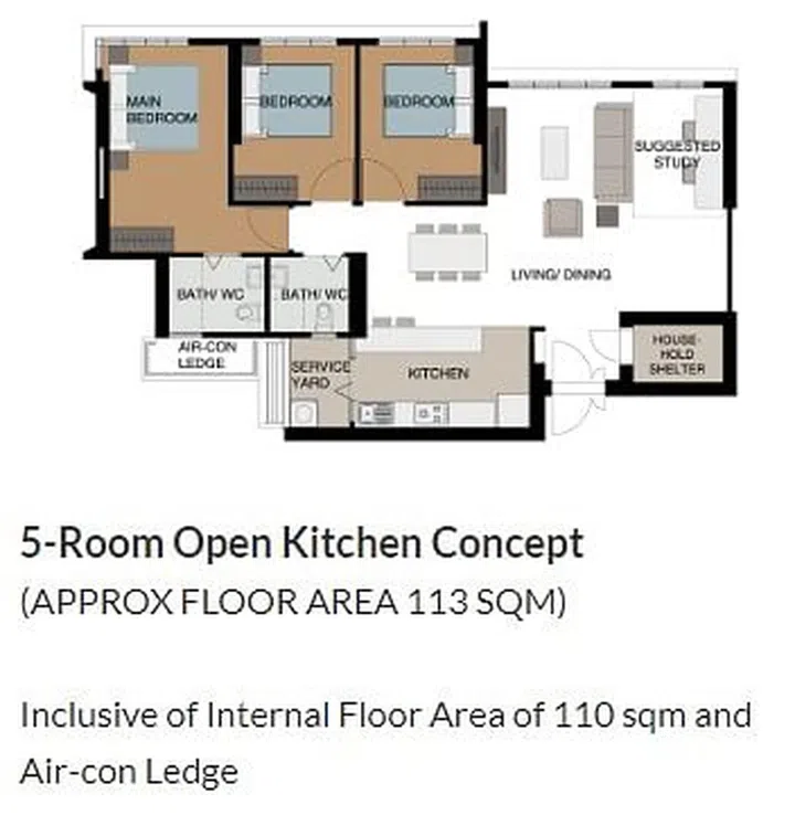 Clementi Peaks HDB BTO 5 room flat, 113sqm floor plan.
