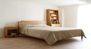 Wooden bookshelf, bed frame, bed room, bedside table, Scandinavian, vintage