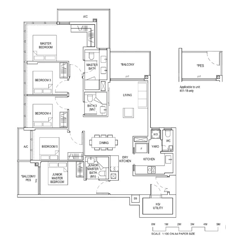 Bagnall Haus Condo (Type F1) 5-bedroom 142 sqm floor plan.