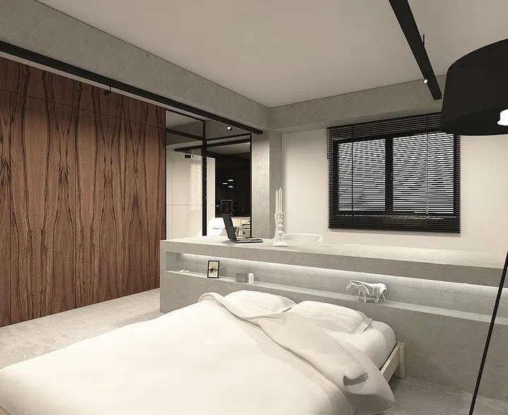 3-room HDB flat, concrete floor, bedroom