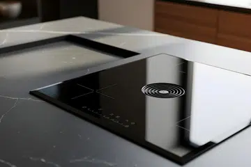Close-up of a black induction cooktop seamlessly built into a gray stone kitchen island, showcasing contemporary design and technology.