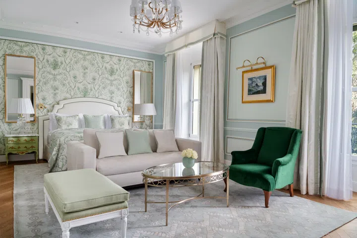 Deluxe room with garden view in the Beau-Rivage Palace in Lausanne, Switzerland.