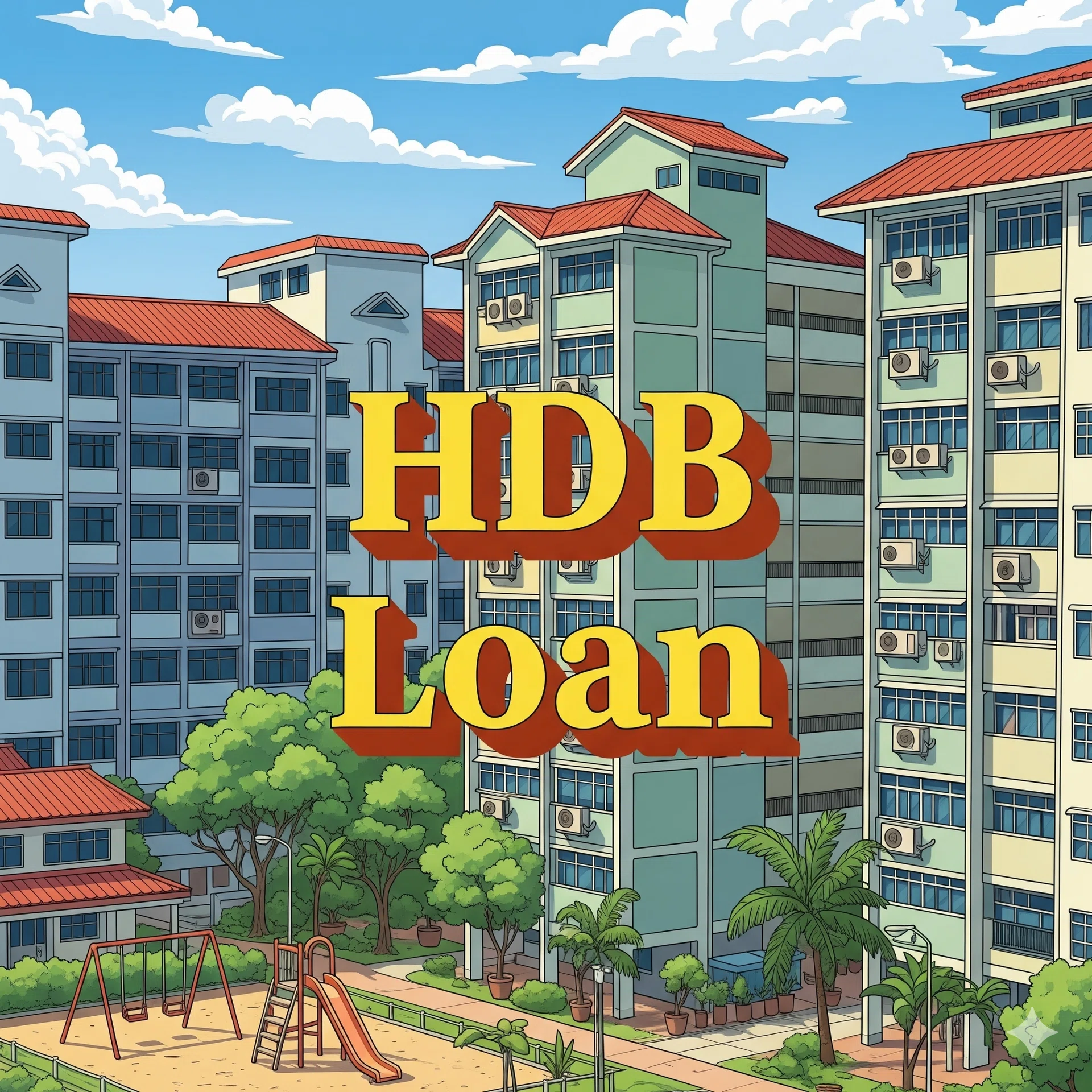 A cartoon drawing of an HDB estate with the words “HDB Loan”.