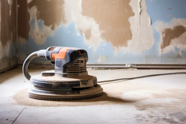 power sander resting on a plastered and sanded wall, created with generative ai