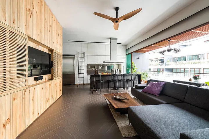 Built in wooden TV console conceals the television and all of its wiring.