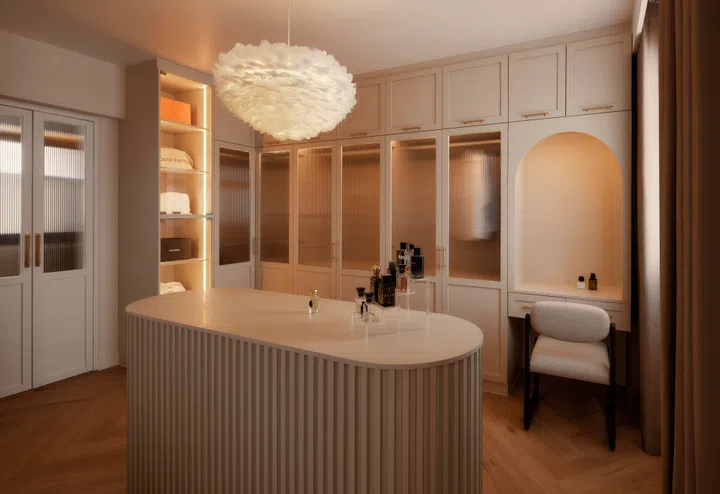 A grand walk-in wardrobe in a 4-room HDB BTO (1,004 sq ft) in Bishan, designed by RENOSTUD.IO.