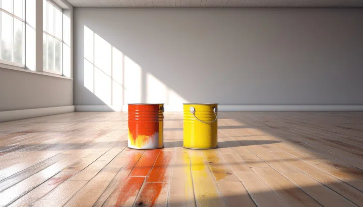 Paint cans on the floor in an empty room, apartment renovation concept