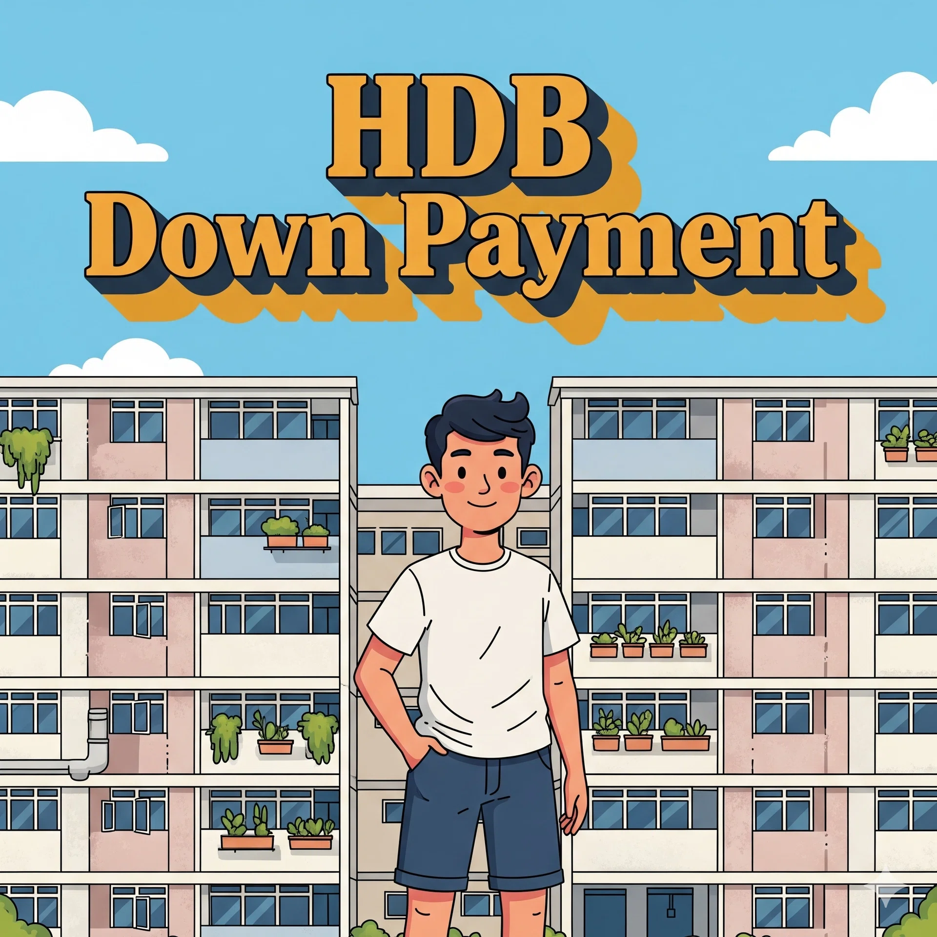 A cartoon drawing of a young Singaporean man in front of a HDB block.