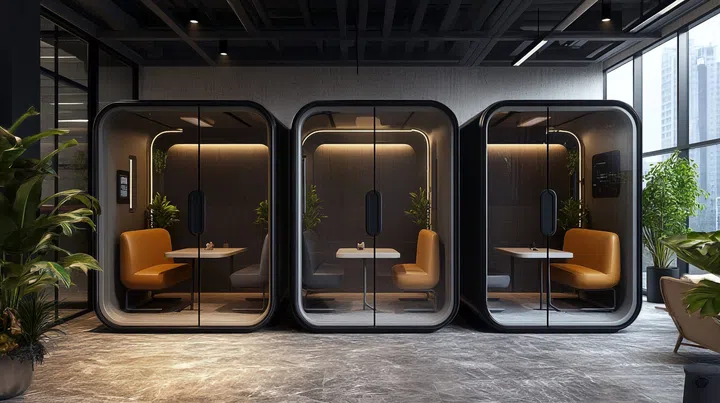 Interior of modern office waiting room with black walls, concrete floor, rows of orange and yellow reception tables with yellow chairs. 3d rendering.