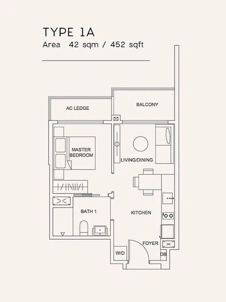 Urban Treasures condo floor plan for 1 bedroom condo Type 1A. Image from Urban Treasures condo official website