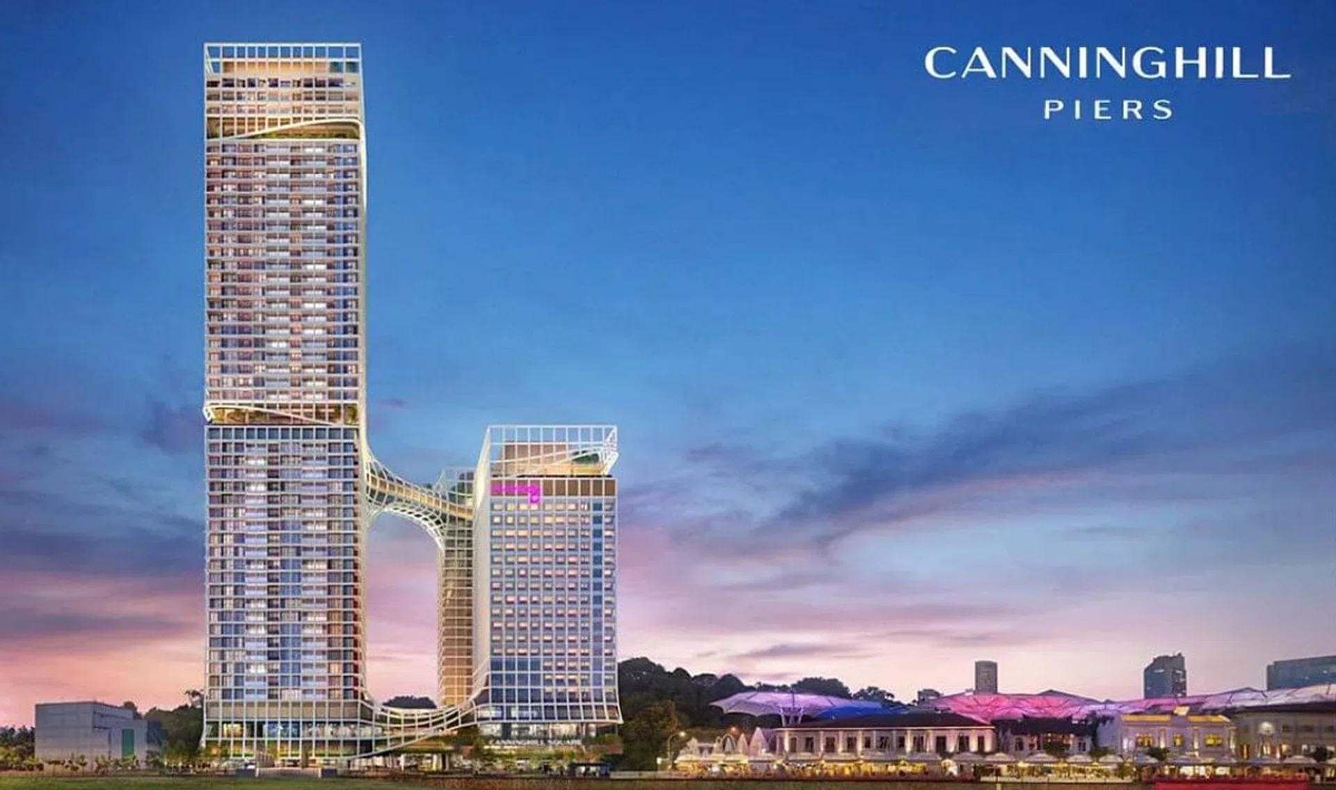 Canninghill Piers condo exterior view at night. Image from Canninghill Piers website