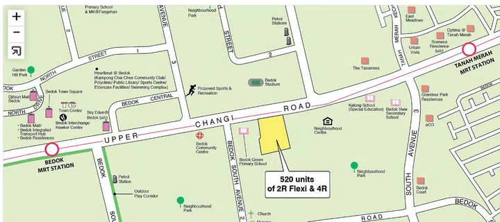 HDB Map screenshot of the Feb 2024 HDB BTO Bedok launch at the Junction of Upper Changi Road and Bedok South Avenue 3. Map from HDB