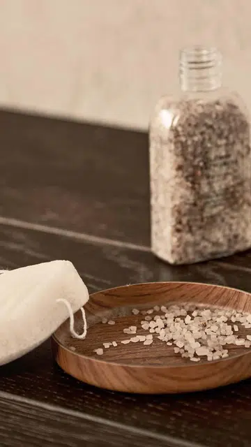 Bath salt; Konjac puff shell, all from Daiso.