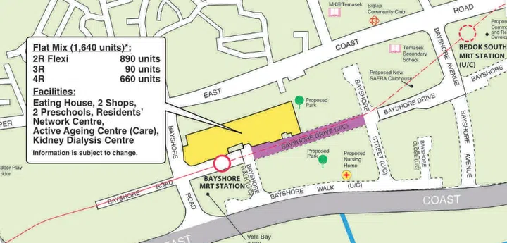 This 1,640-unit upcoming BTO development in Bedok occupies a highly strategic plot bounded by Bayshore Road and Bayshore Drive.